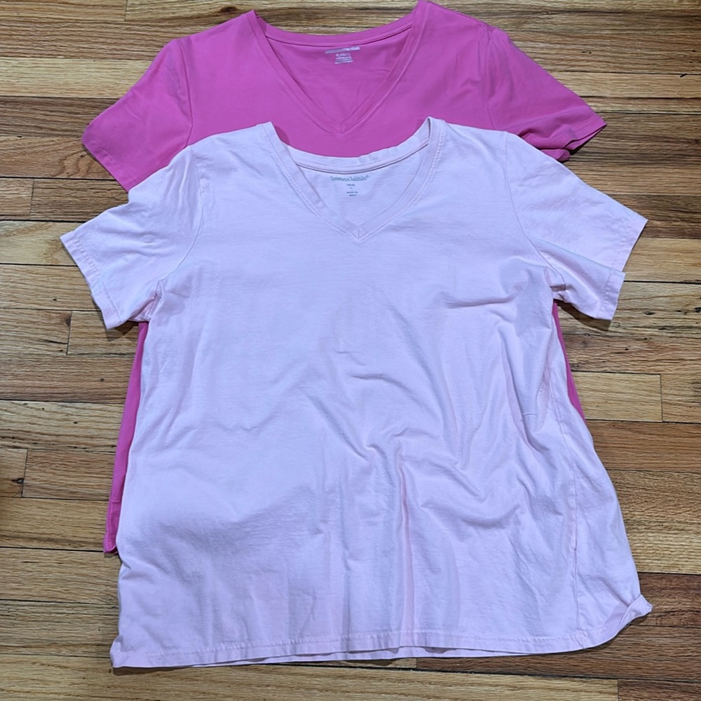 Pink large, dark pink extra large V neck tee shirt